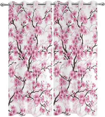 Cherry Flowers Outdoor Curtains for Patio Spring Flower Vintage Watercolor Waterproof Outside Curtains with Grommet Top Weatherproof Curtain for Cabana Pergola Gazebo, 2 Pack, 54" W x 95" L