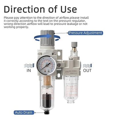 Air Pressure Regulator with Pressure Gauge(0-150PSI),Water Separator for Air Compressor Auto Drain 1/4 NPT Threaded Interface