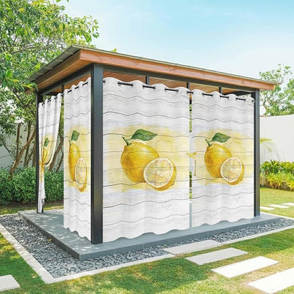 Lemons Yellow Summer Fruit Vintage Wood Outdoor Curtains for Patio Waterproof Outside Curtains with Grommet Top Weatherproof Curtain for Cabana Pergola Gazebo, 1 Panel, 54" W x 108" L
