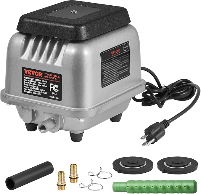 VEVOR Linear Air Pump, 90L/Min Air Flow Septic Aerator Pump, Aeration System for 1/4 Acre 10 FT Deep Ponds, Water Gardens, Waste Treatment, Septic Tanks, Aquariums, Seafood Restaurants, Fish Farms