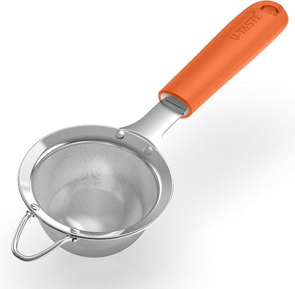 U-Taste Small Fine Mesh Strainer: 18/8 Stainless Steel 3.35in 30 Mesh Kitchen Food Sieve with Sturdy Riveted Silicone Handle, Heavy Duty Deep Handheld Metal Colander for Tea, Juice (Orange)
