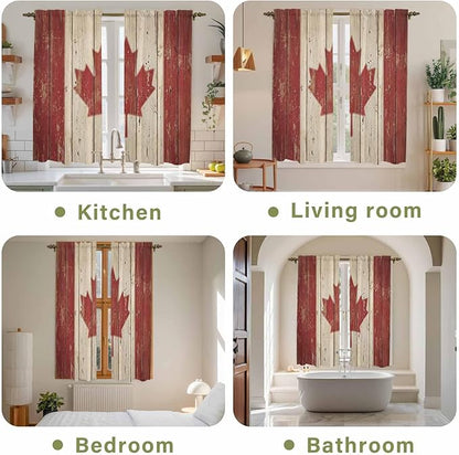 Canada Kitchen Curtains, Red Maple Leaf Flag Vintage Farmhouse Wooden Grain Light Filtering Window Curtain Panels, 2Pcs Rod Pocket Window Treatments Set for Living Room Bathroom Bedroom 42x63 Inches