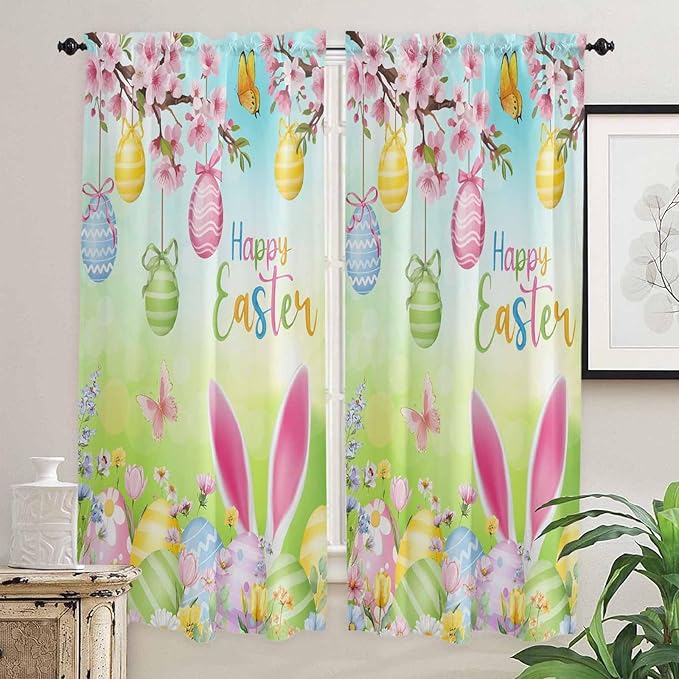 Easter Living Room Curtains 72 Inches length, Spring Bunny Colorful Rabbit Eggs Butterfly Blue Green Window Treatment Curtain Drapes, Light Filtering Drapes for Bedroom Laundry Room, 52"x72", 2 Panels