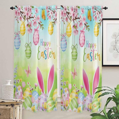 Easter Living Room Curtains 72 Inches length, Spring Bunny Colorful Rabbit Eggs Butterfly Blue Green Window Treatment Curtain Drapes, Light Filtering Drapes for Bedroom Laundry Room, 52"x72", 2 Panels