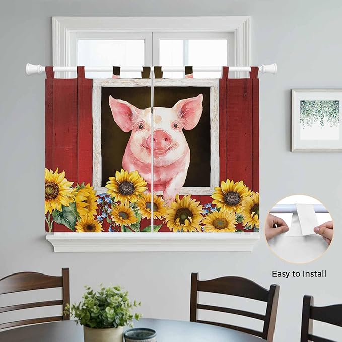 Pigs Sunflowers Bedroom Curtains 63 Inch Length, Window Curtains Tab Top, Farmhouse Red Barn Flowers Animals Light Filtering Window Treatments Drapes 42"x63" 2 Panel