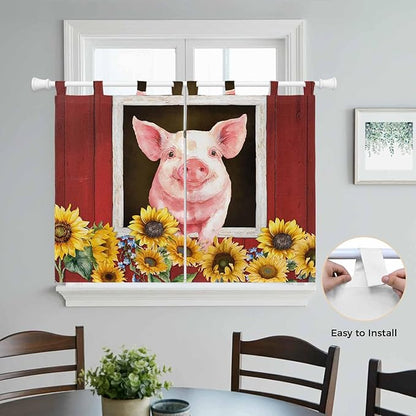 Pigs Sunflowers Bedroom Curtains 63 Inch Length, Window Curtains Tab Top, Farmhouse Red Barn Flowers Animals Light Filtering Window Treatments Drapes 42"x63" 2 Panel
