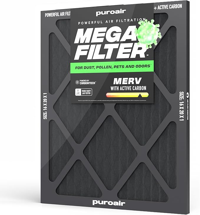 PuroAir MegaFilter - 16x25x1 Air Filter MERV 13 Activated CarbonTech Defense - Heavy Duty 3 Layer Furnace Filters Allergens, Pollen, Dust, Pet Dander, Smoke, Odors - HVAC Air Filter 16x25x1 (1-Pack)