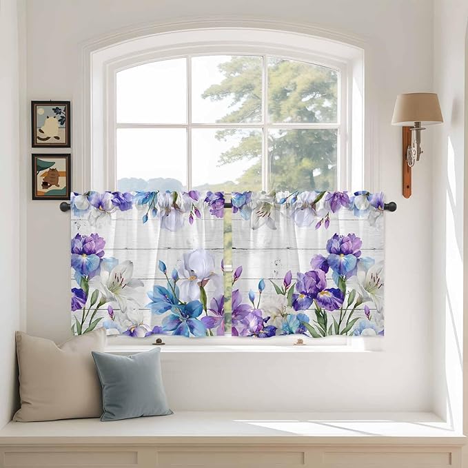 Spring Flowers Tier Curtains, Watercolor Garden Florals Wooden Grain Light Filtering Kitchen Curtains, 2Pcs Rod Pocket Half Window Treatments Panels for Sink Cafe Cabinet Camper 27.5x36 Inches