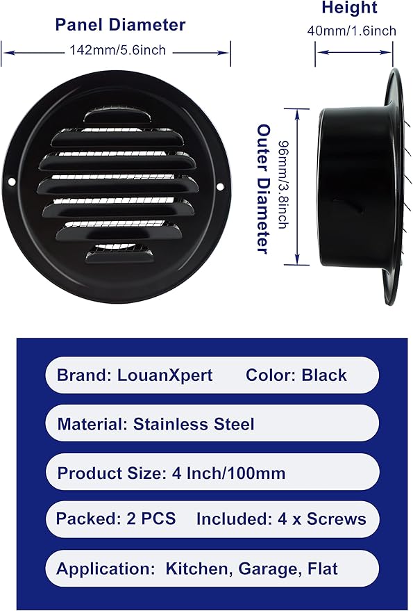 4 Inch Black Soffit Vent Cover,LouanXpert Stainless Steel Round Air Vent Cover Louvered Grille Wall Vent with Built-in Fine Mesh for Garage, Apartment, RV (100mm - 2PCS)