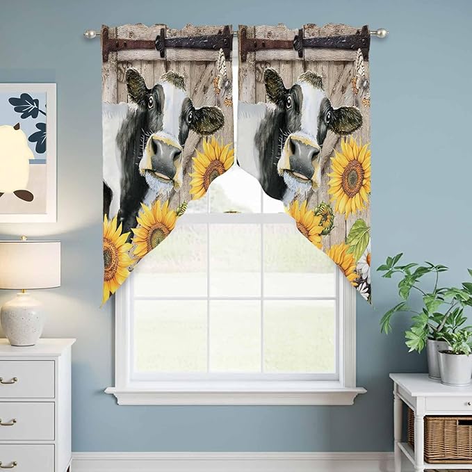 Retro Farmhouse Flower Swag Valances for Windows, Yellow Sunflowers Cow Barn Doors Brown Rod Pocket Kitchen Curtains Valance, Kitchen Window Curtains Swag for Cafe Living Room, 2 Panels, 36x45 inch