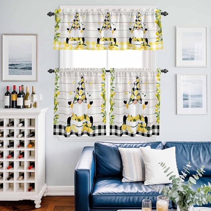 Lemon Gnomes Kitchen Curtains Set 3 Piece for Windows, Rod Pocket Valance and Tier Set 24 Inch Length, Summer Botanical Fruit Wooden Grain Plaid Light Filtering Cafe Curtains for Living Room Bathroom