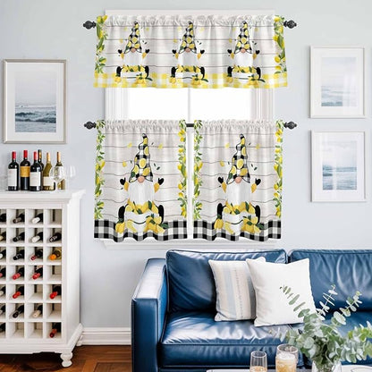 Lemon Gnomes Kitchen Curtains Set 3 Piece for Windows, Rod Pocket Valance and Tier Set 24 Inch Length, Summer Botanical Fruit Wooden Grain Plaid Light Filtering Cafe Curtains for Living Room Bathroom