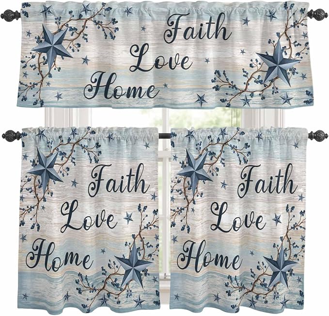 Vintage Farmhouse Kitchen Curtains Set 3 Piece for Windows, Rod Pocket Valance and Tier Set 36 Inch Length, Blue Country Texas Star Vines Wooden Light Filtering Cafe Curtains for Living Room Bathroom