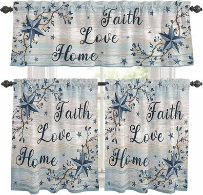 Vintage Farmhouse Kitchen Curtains Set 3 Piece for Windows, Rod Pocket Valance and Tier Set 36 Inch Length, Blue Country Texas Star Vines Wooden Light Filtering Cafe Curtains for Living Room Bathroom
