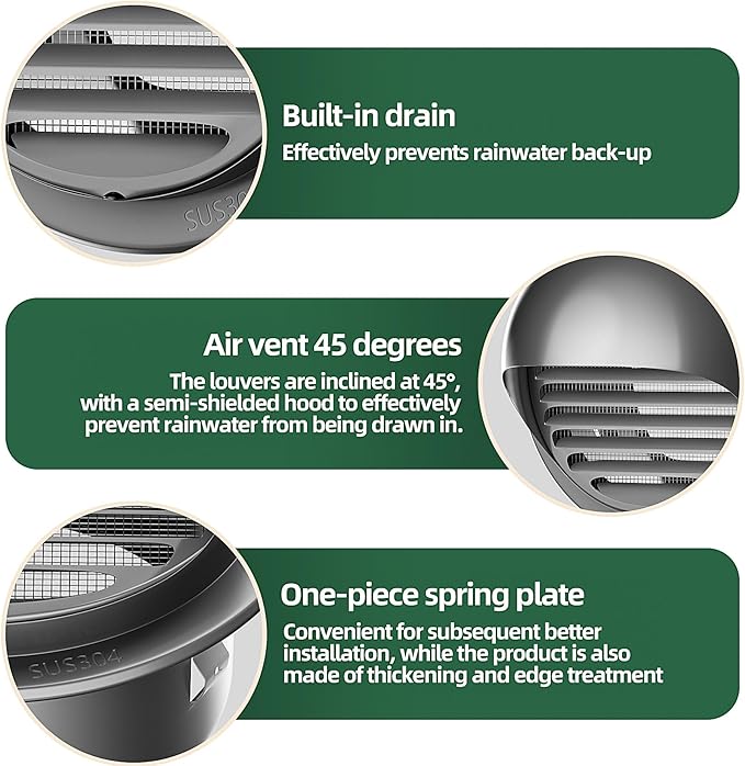 4" in Heavy Duty Thickened 304 Stainless Steel Air Vent Cover Louvered Grille Cover Vent Hood Round Cap Ducting Ventilation Air Outlet with Fly Screen Mesh for House (4inch-100MM Round Cap Black)