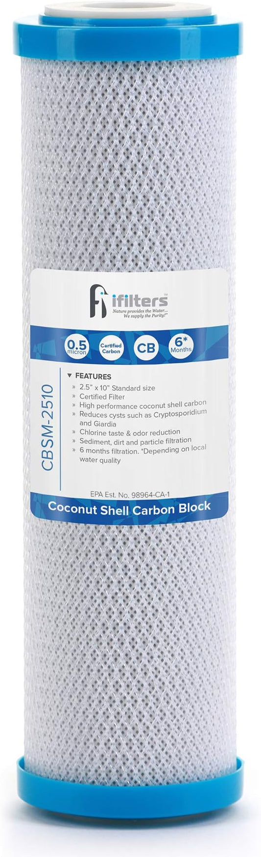iFilters 0.5-Micron Carbon Block Water Filter – Coconut Shell CTO Drinking Water Filter Cartridge – 10-inch Replacement for Filtration Systems – Reduces Odors, Chlorine Taste – 2.5" x 10"