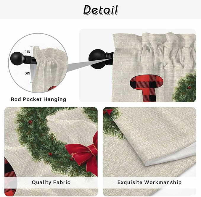 Red Green Christmas Kitchen Tier Curtains 45 Inch Long 2 Panel Set,Rod Pocket Short Window Treatment,Farmhouse Xmas Botanical Winter Curtains & Drapes for Bathroom Basement 27.5"W x 45"L