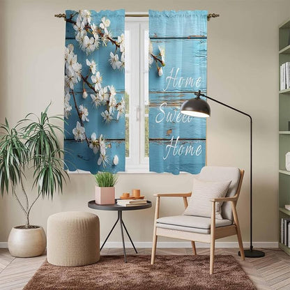 Farmhouse Wooden Grain Kitchen Curtains, Vintage Shabby Chic Flower Blue Light Filtering Window Curtain Panels, 2Pcs Rod Pocket Window Treatments Set for Living Room Bathroom Bedroom 42x63 Inches