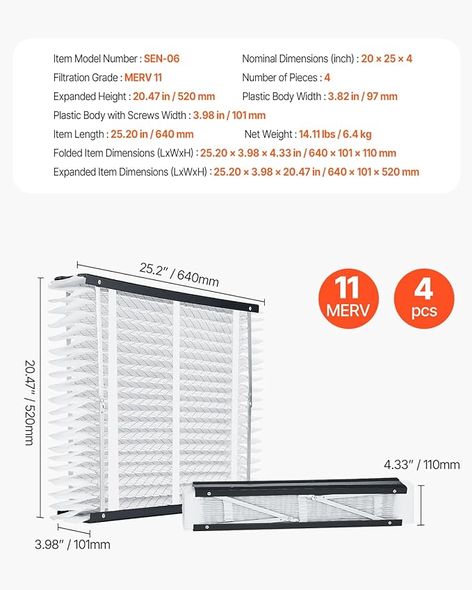 VEVOR 20x25x4 Furnace Air Filter, MERV 11 Pleated HVAC AC Replacement, Electrostatic 12-Month Air Cleaner, 4-Pack (Actual Size: 20.47x25.20x3.98 in), for Improving Home Indoor Quality