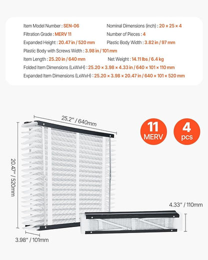 VEVOR 20x25x4 Furnace Air Filter, MERV 11 Pleated HVAC AC Replacement, Electrostatic 12-Month Air Cleaner, 4-Pack (Actual Size: 20.47x25.20x3.98 in), for Improving Home Indoor Quality