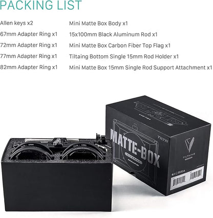 Tilta Mini Matte Box | 15mm Rod Adapter & 4 Lens Adapters | Lightweight | Filter Support | Top Flag | Dual Cold Shoe Mount | Designed for Mirrorless, DSLR | MB-T15