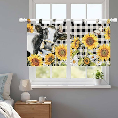 Retro Sunflowers Kitchen Curtains 36 Inch Length, Small Window Curtains Tab Top, Farmhouse Floral Cow Butterfly Black Plaid Light Filtering Short Window Treatments Tier Drapes 27.5"x36" 2 Panel