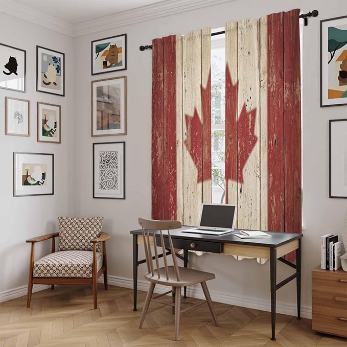Canada Kitchen Curtains, Red Maple Leaf Flag Vintage Farmhouse Wooden Grain Light Filtering Window Curtain Panels, 2Pcs Rod Pocket Window Treatments Set for Living Room Bathroom Bedroom 52x72 Inches