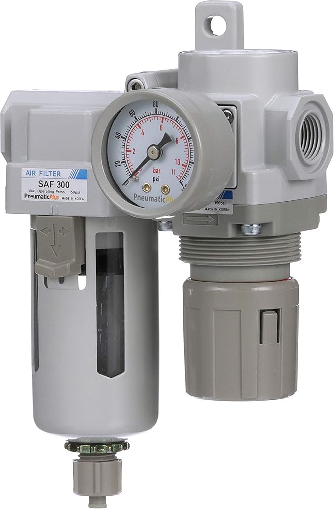 PneumaticPlus SAU320-N03G Compressed Air Filter Regulator Combo 3/8" NPT - Poly Bowl, Manual Drain, Bracket, Gauge