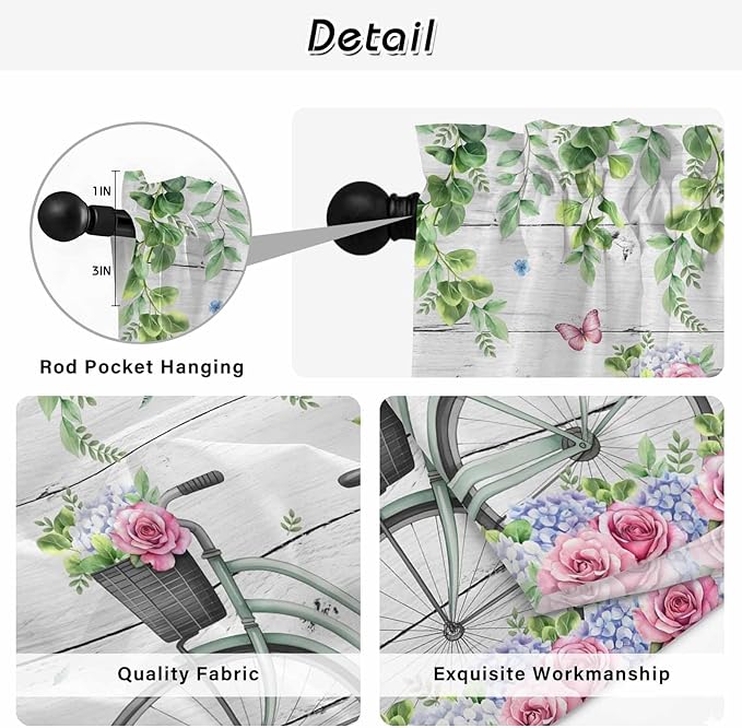 Spring Tier Curtains, Bicycles Botanical Rose Leaves Butterfly Wood Grain Light Filtering Kitchen Curtains, 2Pcs Rod Pocket Half Window Treatments Panels for Sink Cafe Cabinet Camper 27.5x24 Inches