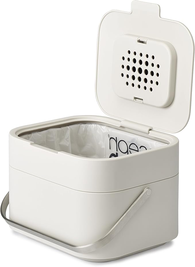 Joseph Joseph Stack Kitchen Food Intelligent Waste Compost Caddy Recycling Bin with Odor Filter, 4 Litre / 1 Gallon - Stone