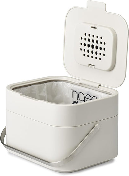 Joseph Joseph Stack Kitchen Food Intelligent Waste Compost Caddy Recycling Bin with Odor Filter, 4 Litre / 1 Gallon - Stone