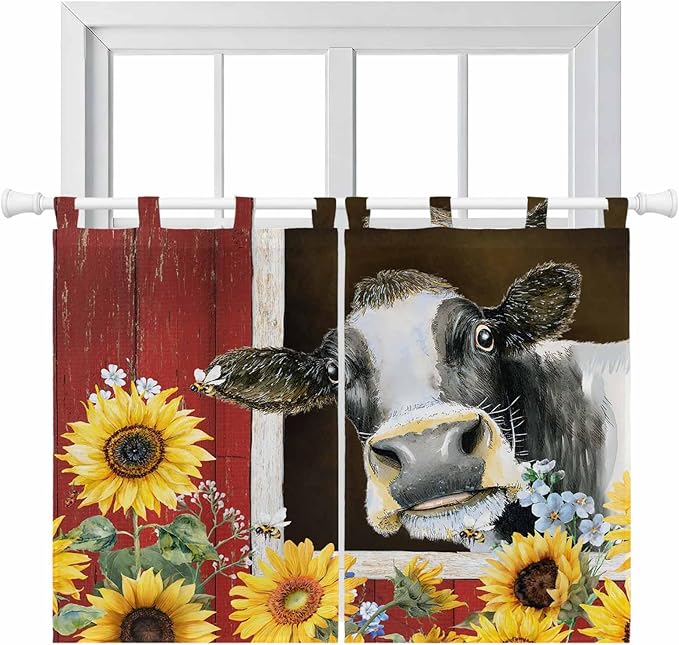 Cows Sunflowers Kitchen Curtains 45 Inch Length, Short Cafe Window Curtains Tab Top, Rustic Farms Barns Flowers Bees Animals Light Filtering Window Treatments Tier Drapes 27.5"x45" 2 Panel