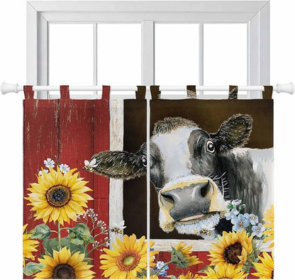 Cows Sunflowers Kitchen Curtains 45 Inch Length, Short Cafe Window Curtains Tab Top, Rustic Farms Barns Flowers Bees Animals Light Filtering Window Treatments Tier Drapes 27.5"x45" 2 Panel