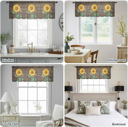Summer Sunflower Sheer Valance Curtains, Yellow Floral Plants Bees Brown Wood Grain Light Filtering Kitchen Valances Rod Pocket Voile Curtain Window Treatment for Bedroom/Living Room/Basement 42Wx18L