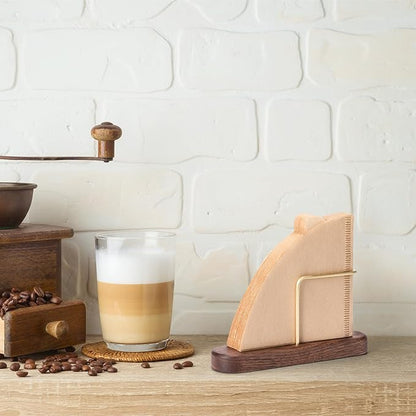 Cone Coffee Filter Holder, Stand Coffee Filter Storage, Coffee Filter Container for V60 Paper Coffee Filters Size #01 and #02, Walnut & Brass