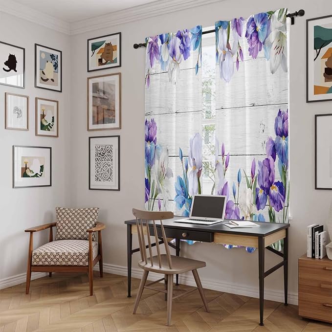 Spring Flowers Kitchen Curtains, Watercolor Garden Florals Wooden Grain Light Filtering Window Curtain Panels, 2Pcs Rod Pocket Window Treatments Set for Living Room Bathroom Bedroom 52x72 Inches