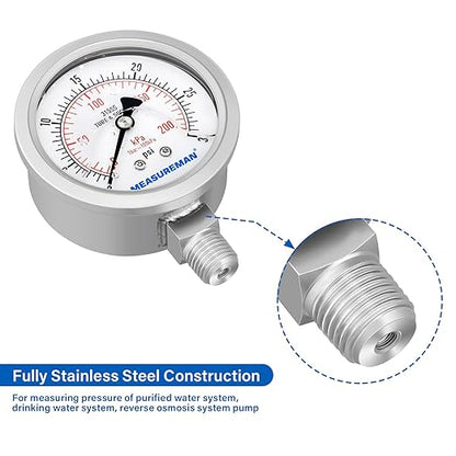 MEASUREMAN Fully Stainless Steel Hydraulic Glycerin Filled Pressure Gauge, 2-1/2" Dial Size,0-30psi/kpa,1/4" NPT Lower Mount