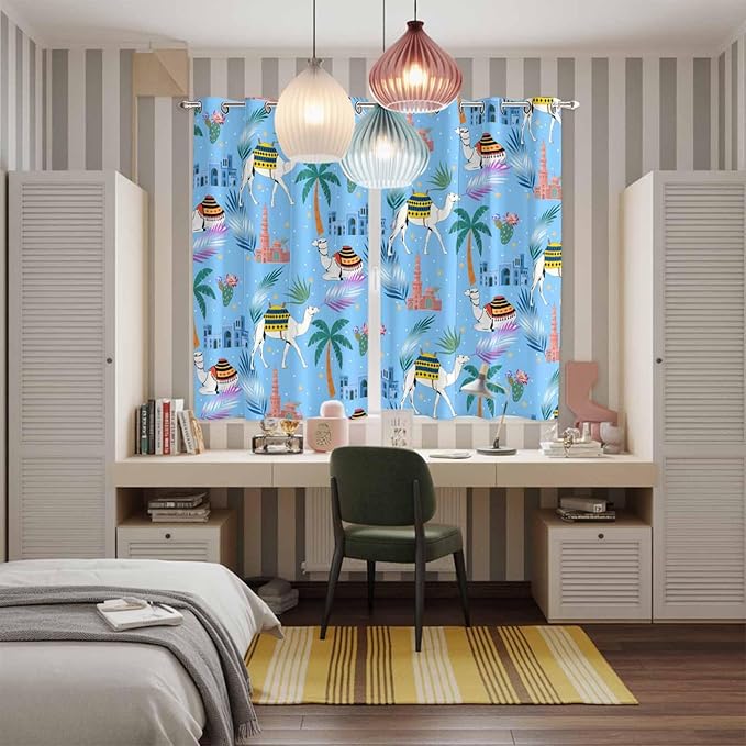 2 Panel Kitchen Cafe Curtains, Desert Landscape Sunlight Filtering Nature Air Through, Home Decor Window Covering Tier Curtains for Living Room 80W x 63L inch Cute Camels Palm Trees Houses Leaves Blue