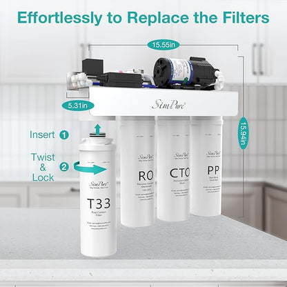 SimPure T1-100 Reverse Osmosis Water Filter, Near 0 TDS Reverse Osmosis System 7 Stage, NSF/ANSI 58 Certified, Under Sink RO Water Filtration System 100 GPD with Tank, Build in Pump, BPA Free
