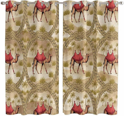 2 Panel Kitchen Cafe Curtains, Desert Camels Sunlight Filtering Nature Air Through, Home Decor Window Covering Tier Curtains for Living Room 104W x 84L inch Tropical Palm Trees Sand Cords Brown