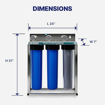 Nu Aqua 3-Stage Whole House Water Filter System with Pressure Gauges - 20” x 4.5” Home Water Filtration System - Sediment, Granular Carbon, Carbon Block Filters - Main Line Home Water Filter System