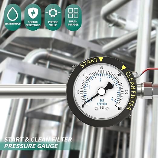 0-60PSI Stainless Steel Pool Filter Pressure Gauge, 1/4" NPT Back Mount, with Plastic Adjustable Bezel, Start and Clean Filter Pressure Gauge, for Swimming Pool, spa, Aquarium