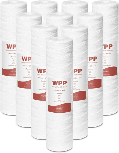 SimPure 20 x 4.5 Inch 5 Micron String Wound Sediment Water Filter Cartridge, Whole House Sediment Well Water Filter Replacement, Fits DB20P DB20P-3 (10 Pack)