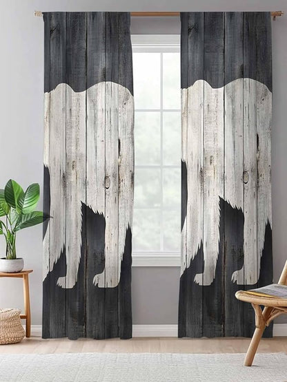 Sheer Curtains 108 Inches Long, White Brown Bear Semi Sheer Curtains Light Filtering Window Treatment, Rustic Counrty Vintage Wood Grain Privacy Voile Drapes for Living Room Bedroom 52x108 Inch