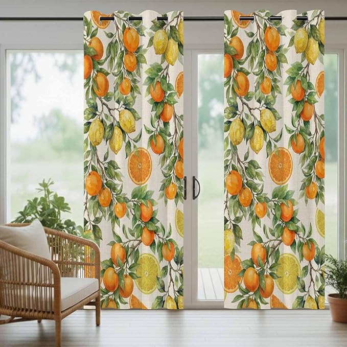 Lemons Yellow Orange Summer Plant Linen Outdoor Curtains for Patio Waterproof Outside Curtains with Grommet Top Weatherproof Curtain for Cabana Pergola Gazebo, 2 Pack, 54" W x 108" L