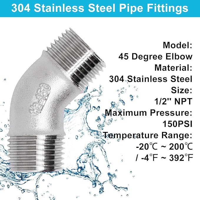 45 Degree Elbow 2PCS, 1/2" NPT Male X 1/2" NPT Male 304 Stainless Steel Pipe Fitting, Connector Coupler Apply to Outdoor/Garden/Industrial