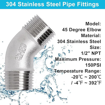 45 Degree Elbow 2PCS, 1/2" NPT Male X 1/2" NPT Male 304 Stainless Steel Pipe Fitting, Connector Coupler Apply to Outdoor/Garden/Industrial