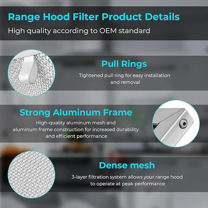 99010316 Range Hood Filter, for Broan Kitchen Exhaust Grease Filter, Stove Hood Vent Air Filters 11 1/4" x 11 3/4" x 3/8" Reinforced Aluminum Frame fit S99010316, NTK7450000,990721400A (2 Pack)