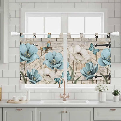 Teal Blue Tulips Kitchen Curtains 24 Inch Length, Small Window Curtains Tab Top, Spring Floral Barn Doors Vintage Wood Beige Light Filtering Short Window Treatments Tier Drapes 27.5"x24" 2 Panel