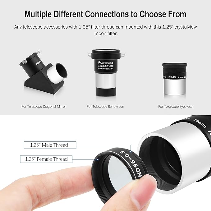 Astromania Telescope Filter Moon Filter 1.25 inch, Neutral Color Filter ND96-0.3 with 50% Light Transmission Reduces Moon Glare&Enhances Lunar Crater Detail, Work with Telescope Accepts 1.25" Eyepiece